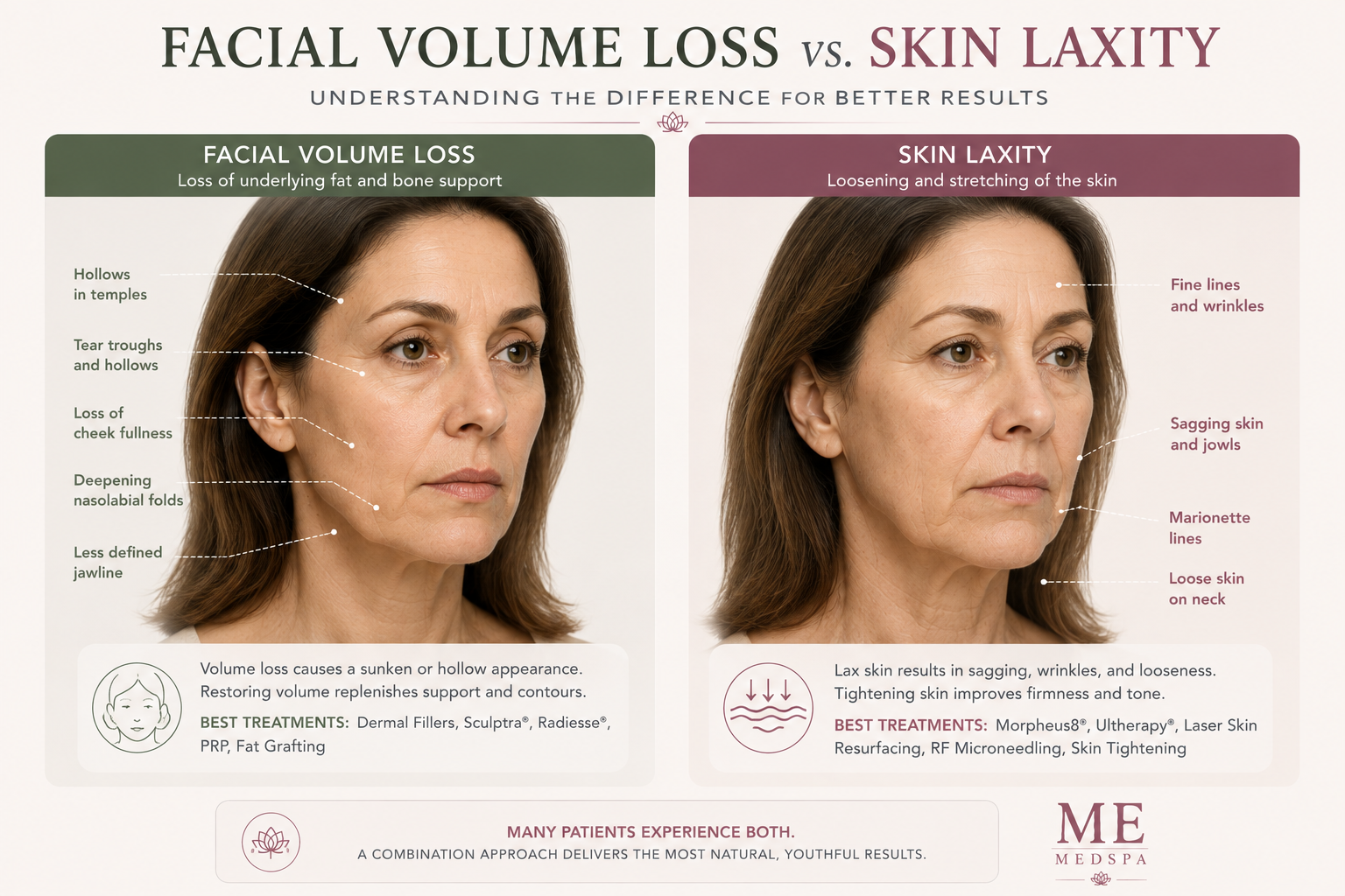 Comparison illustrating facial volume loss and skin laxity