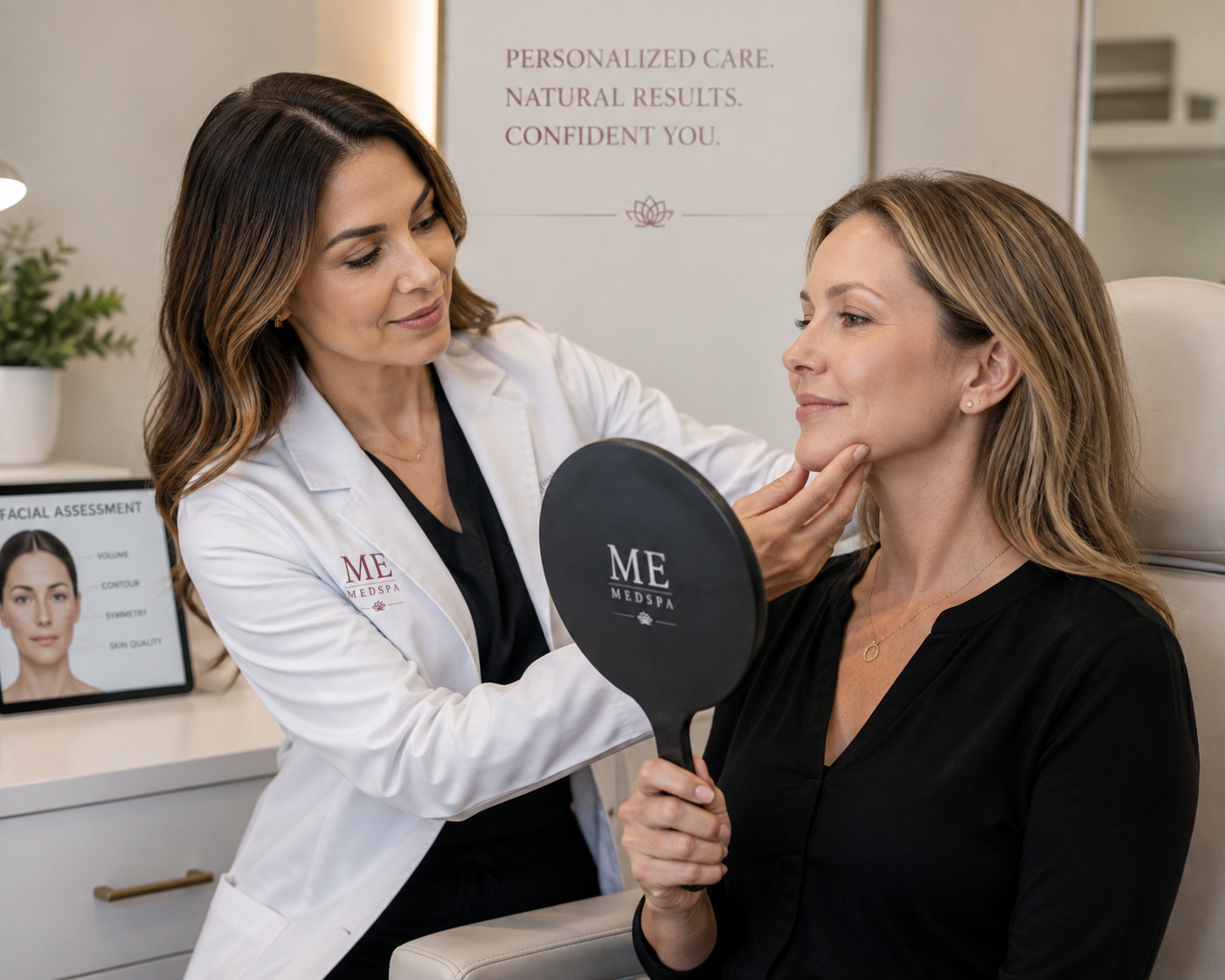 Provider evaluating facial volume changes during a personalized consultation