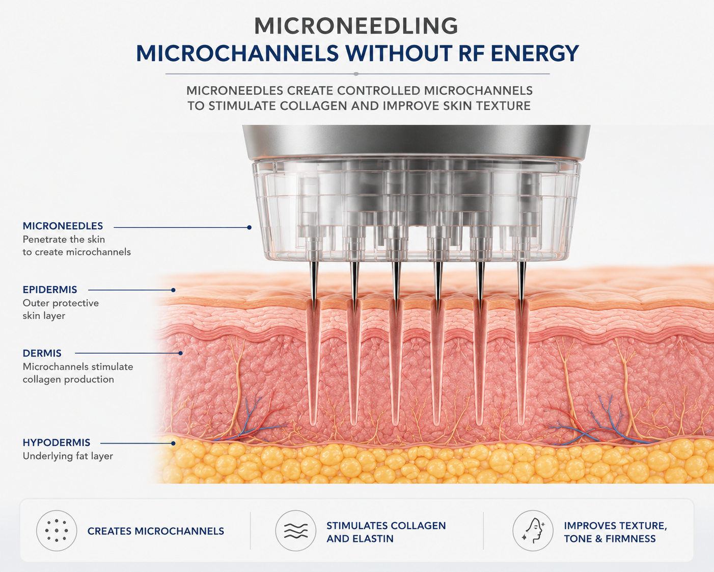 Cross-section showing traditional microneedling creating controlled microchannels in the skin