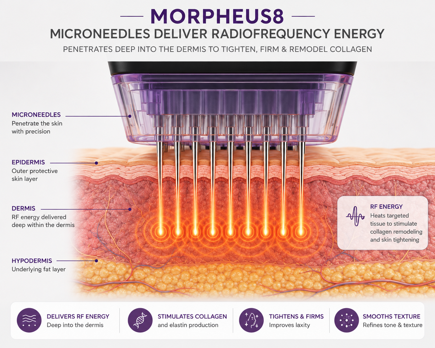 Cross-section illustrating Morpheus8 delivering radiofrequency energy beneath the skin