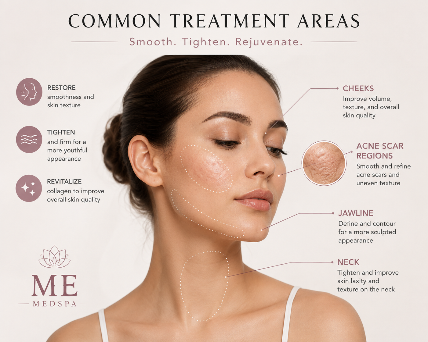 Illustration showing common facial treatment areas for microneedling and Morpheus8