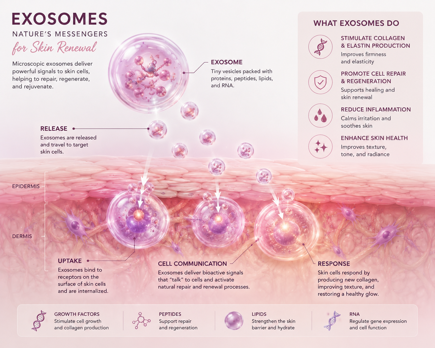 Illustration showing exosomes interacting with skin cells