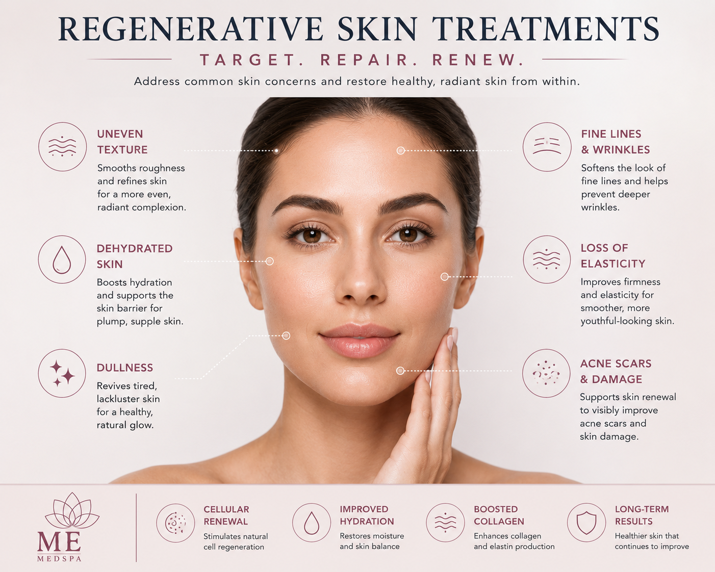 Illustration showing common facial concerns addressed by regenerative skin rejuvenation t