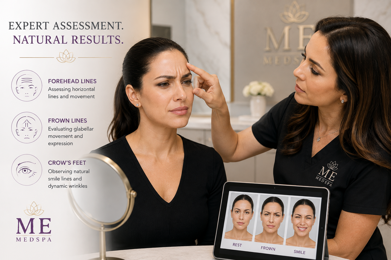 Provider evaluating forehead and frown-line movement before a Botox consultation