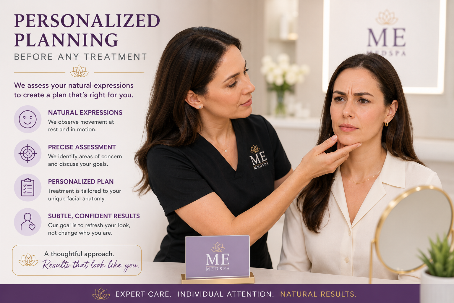 Provider evaluating natural facial movement before wrinkle-relaxing injections