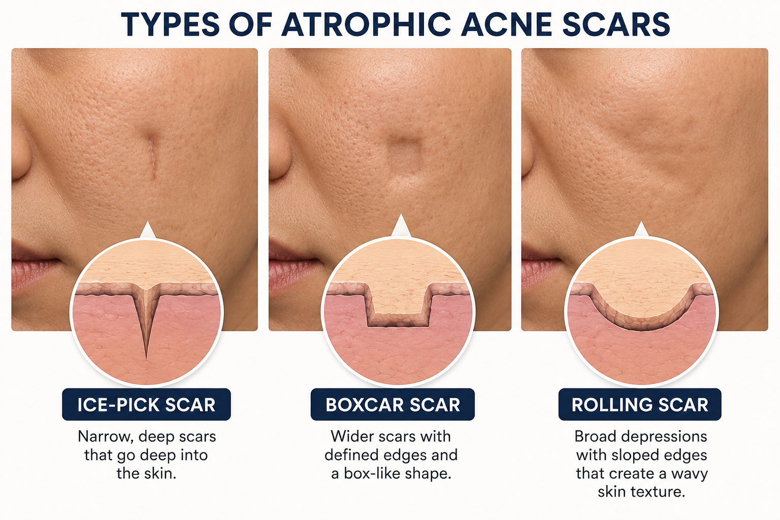 Illustration comparing ice pick, boxcar, and rolling acne scars