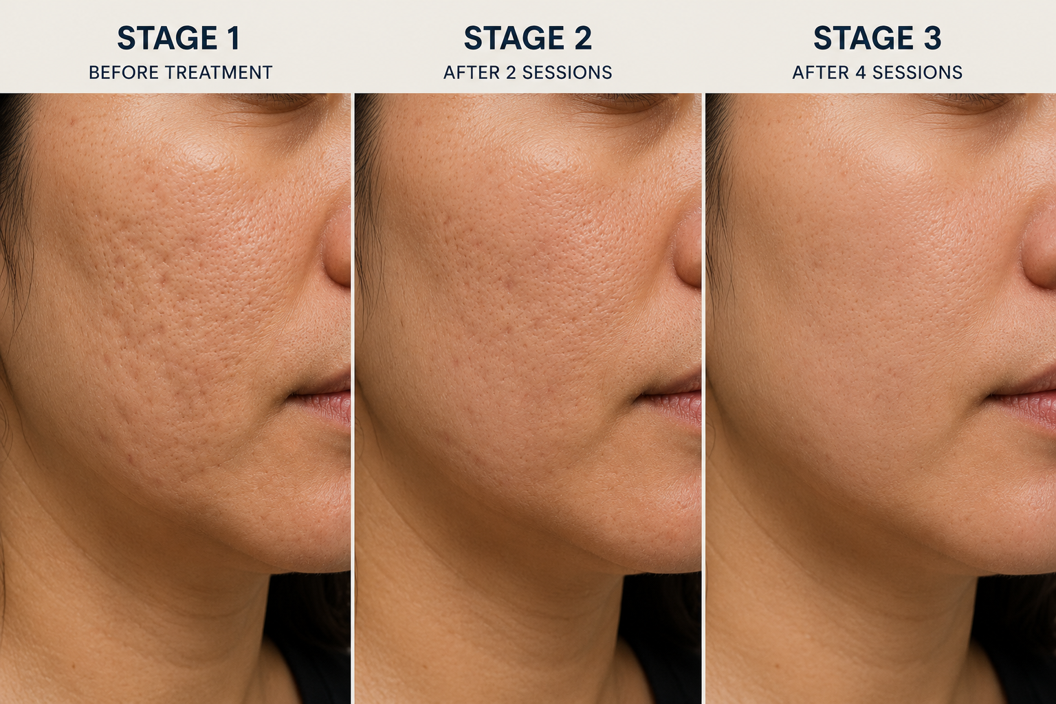 Illustration showing gradual skin texture improvement after Morpheus8 acne scar treatment