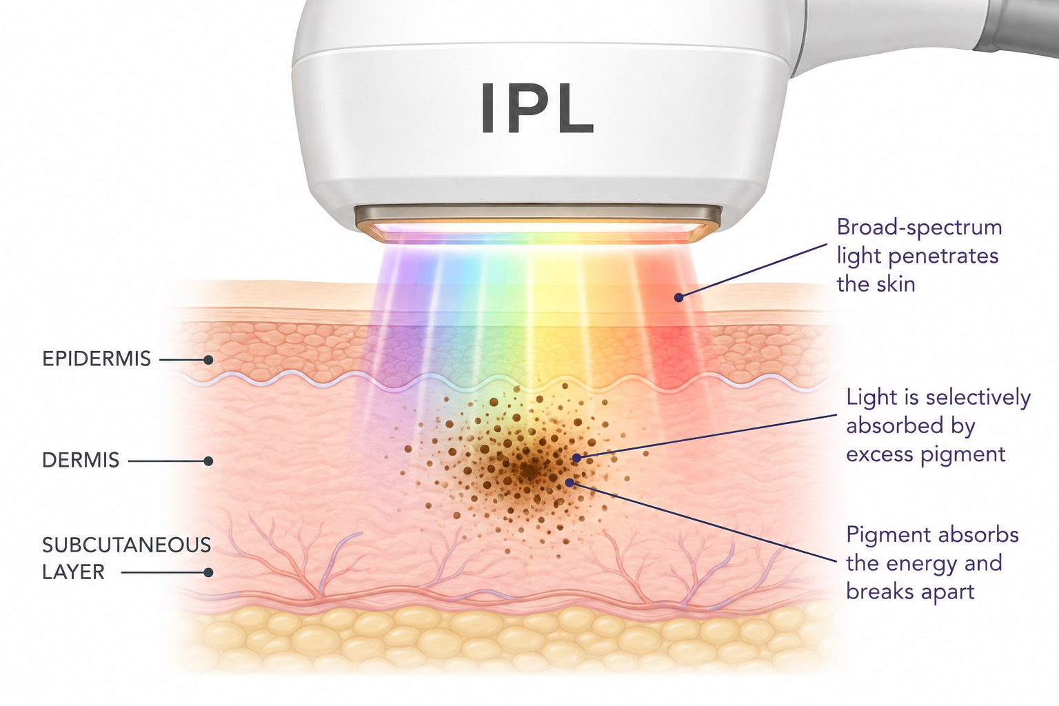 Illustration showing how Lumecca IPL targets pigmentation and dark spots