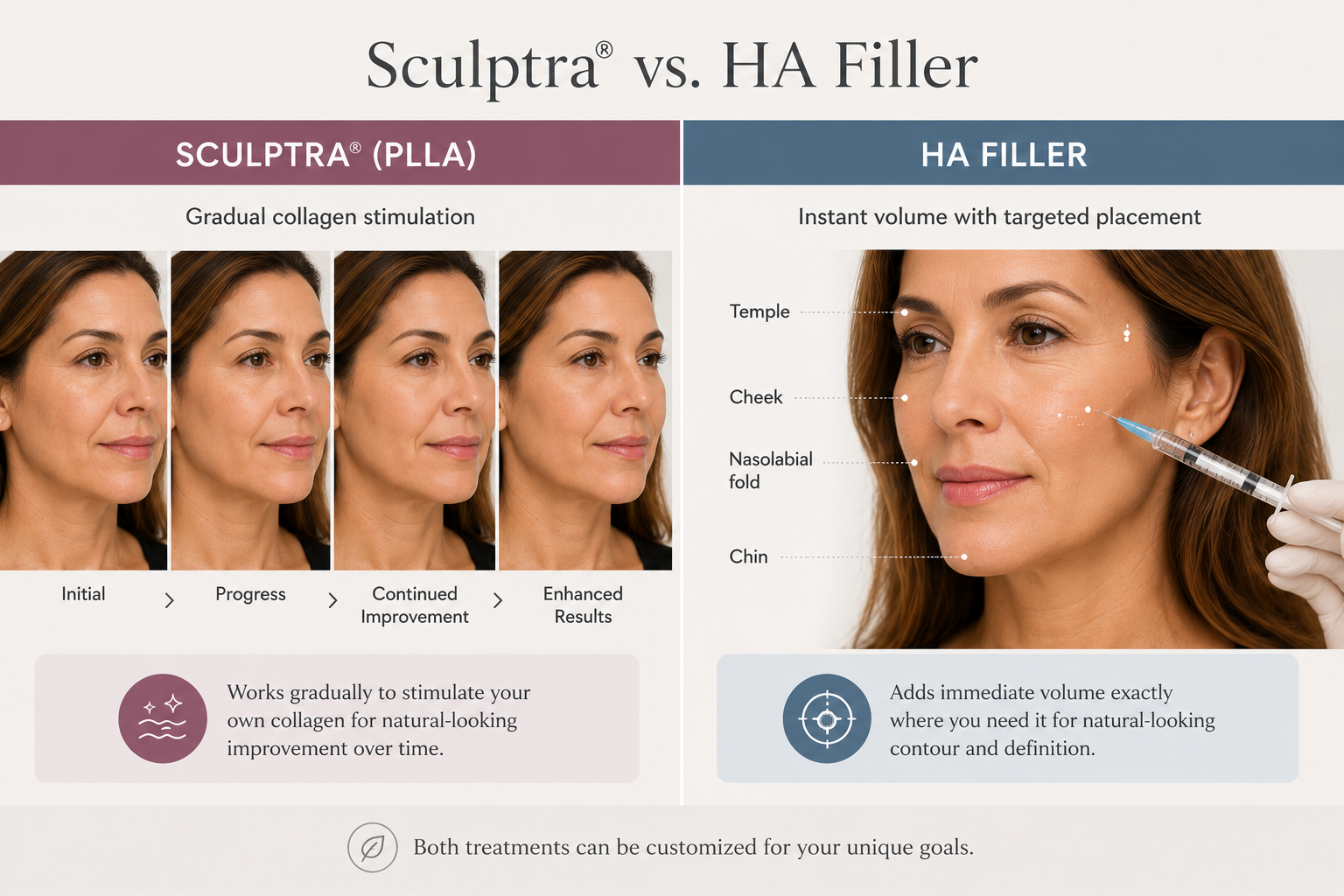 Sculptra gradual results compared with targeted volume from HA dermal filler