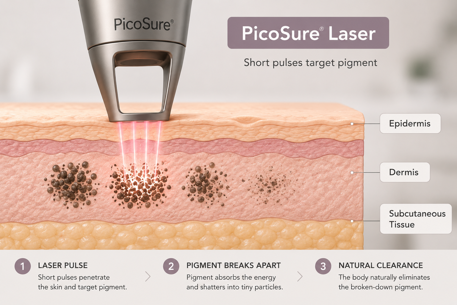 Illustration showing how PicoSure picosecond laser targets pigmentation