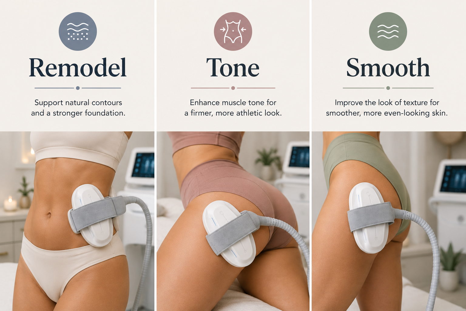 Illustration of Evolve body remodeling muscle toning and cellulite treatment Illustration of Evolve body remodeling muscle toning and cellulite treatment
