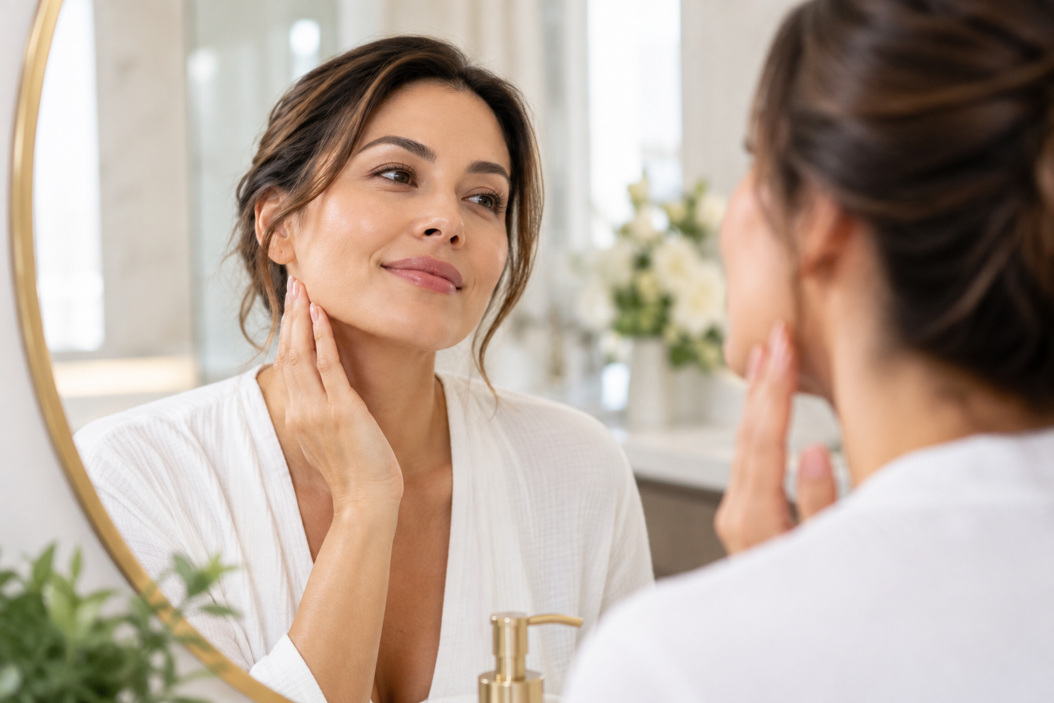 Woman examining mild skin laxity along her jawline while researching non-surgical skin tightening options