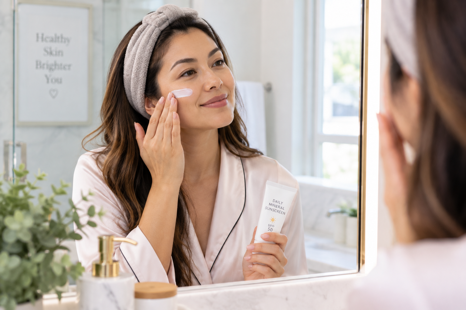 Woman applying sunscreen to her face as part of a daily routine to protect aging skin