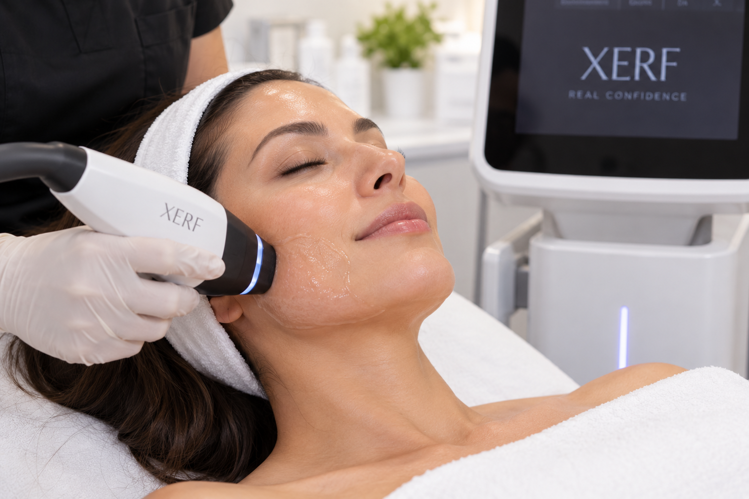 Woman receiving XERF radiofrequency skin tightening treatment along the lower face at Me Medspa