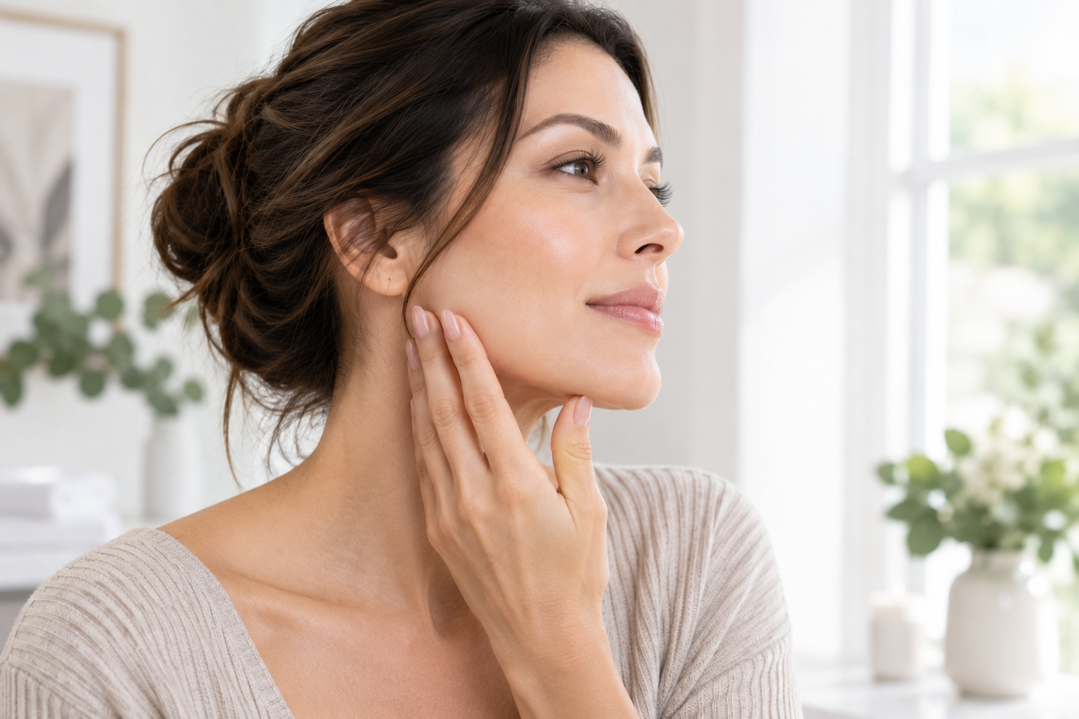 Woman gently touching her jawline while considering treatment for mild facial skin laxity