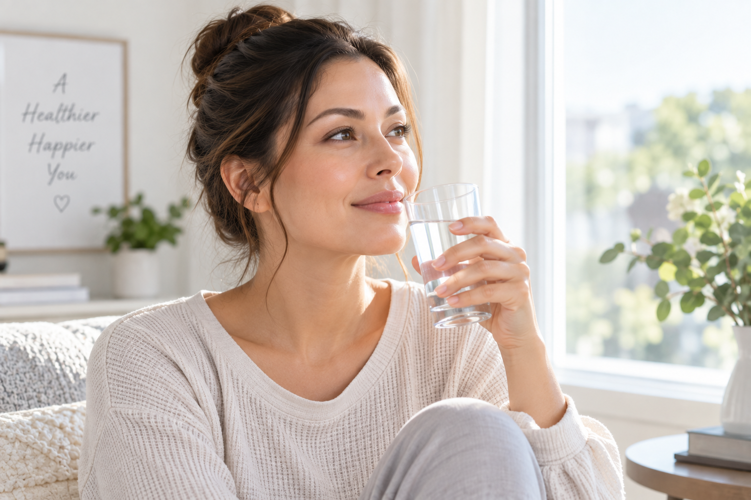 Woman relaxing and drinking water after a non-surgical facial skin tightening treatment
