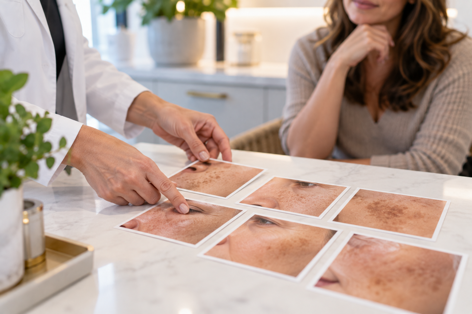 Skin reference images being reviewed during an assessment of different facial pigmentation patterns Skin reference images being reviewed during an assessment of different facial pigmentation patterns