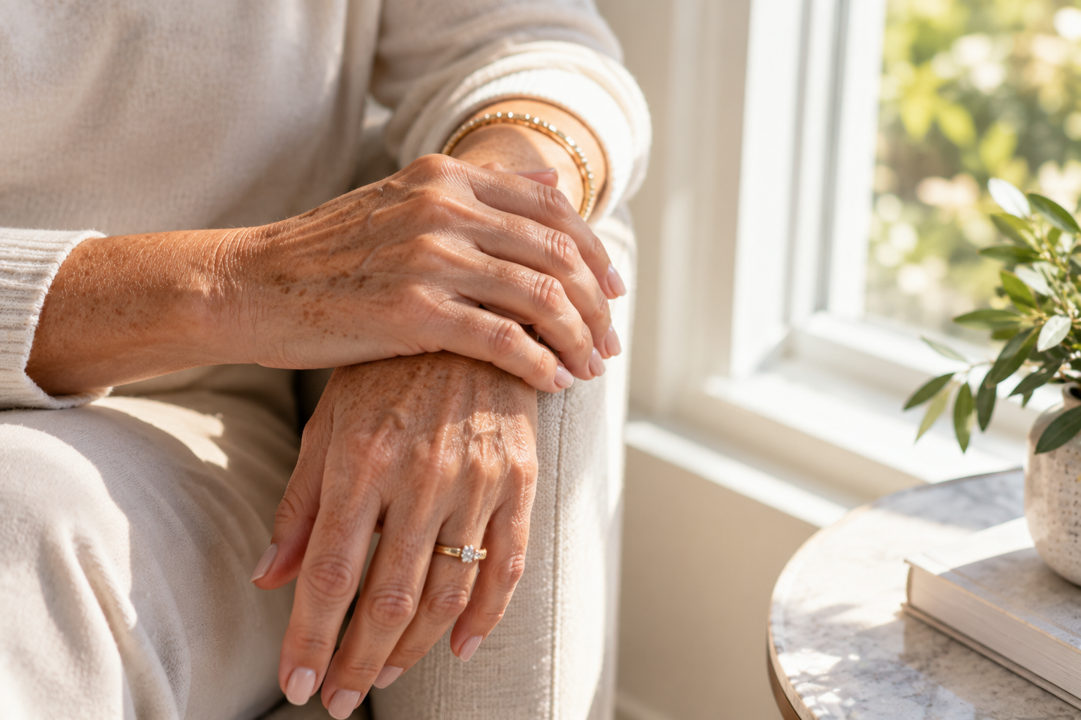 Mature woman's hands showing natural skin texture and visible sun-related pigmentation Mature woman's hands showing natural skin texture and visible sun-related pigmentation