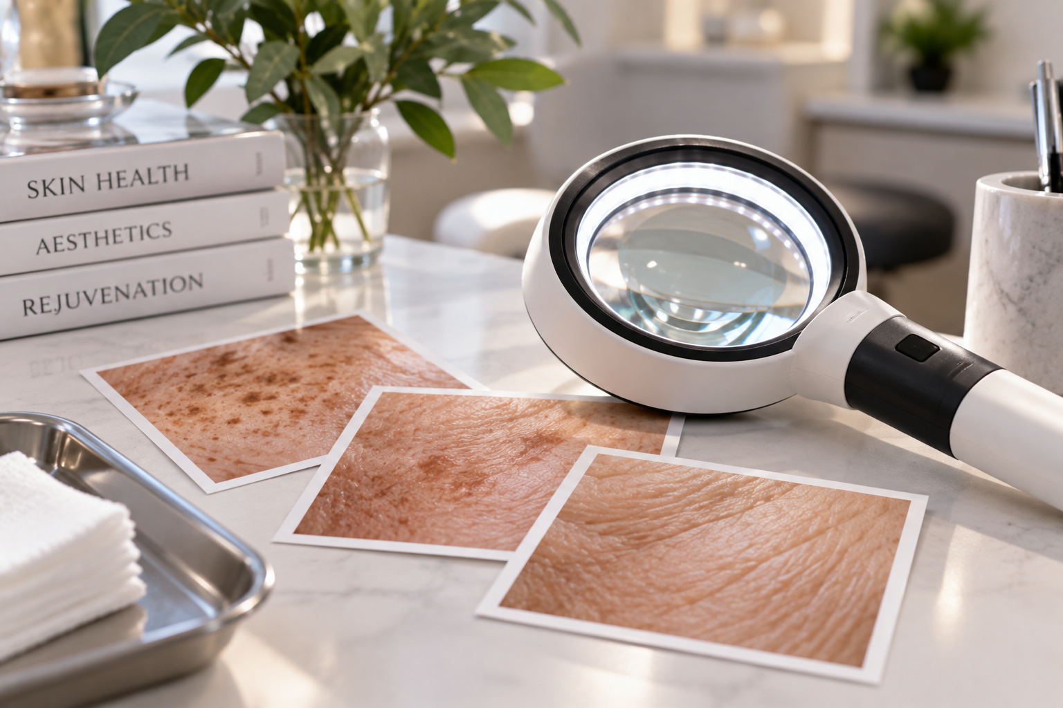 Dermatology-inspired skin observation setup with an illuminated magnifying lens and close-up skin reference photographs showing natural texture and pigmentation. Dermatology-inspired skin observation setup with an illuminated magnifying lens and close-up skin reference photographs showing natural texture and pigmentation.