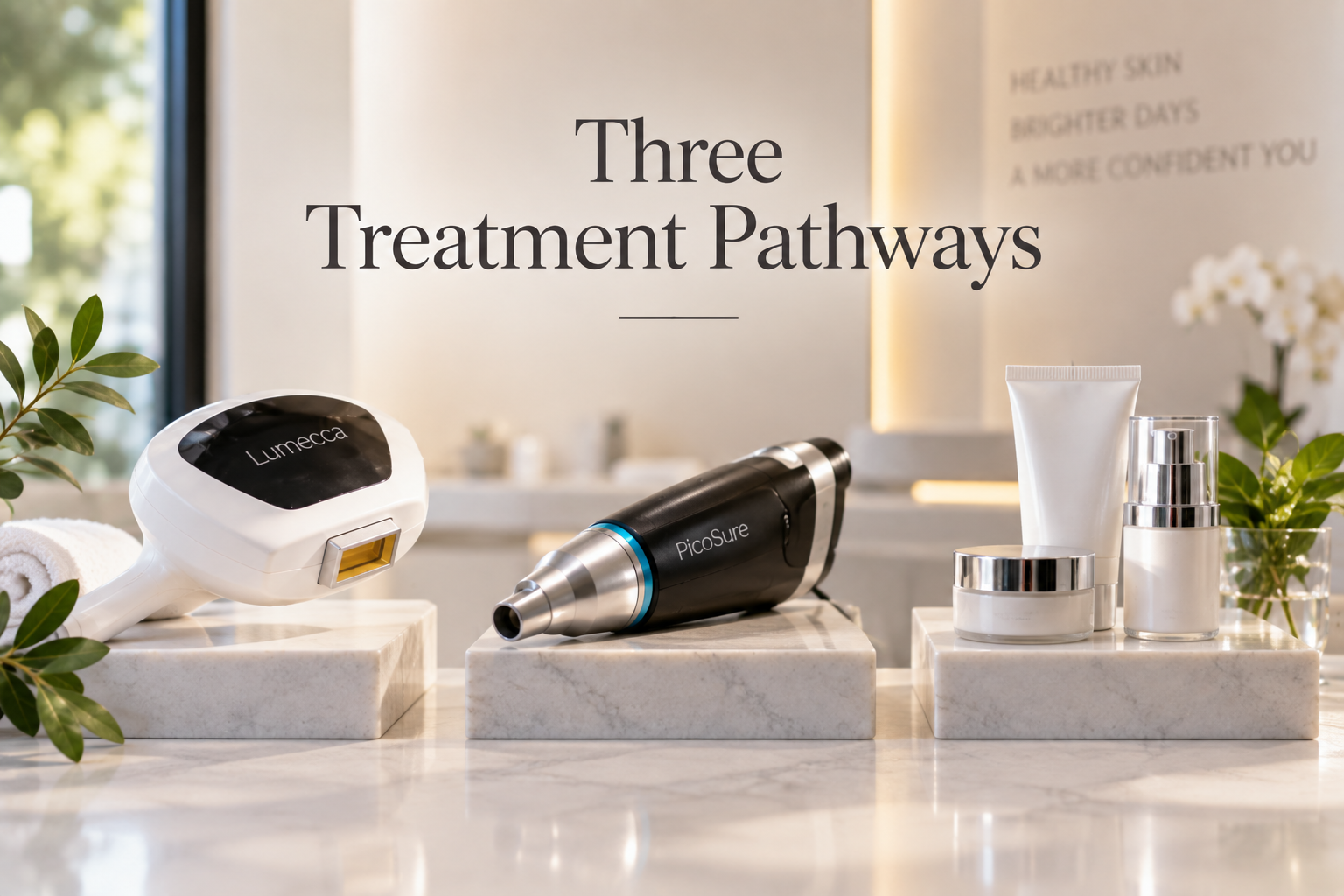 Three skin treatment pathways featuring Lumecca, PicoSure, and professional skincare products in a bright, upscale medspa setting. Three skin treatment pathways featuring Lumecca, PicoSure, and professional skincare products in a bright, upscale medspa setting.