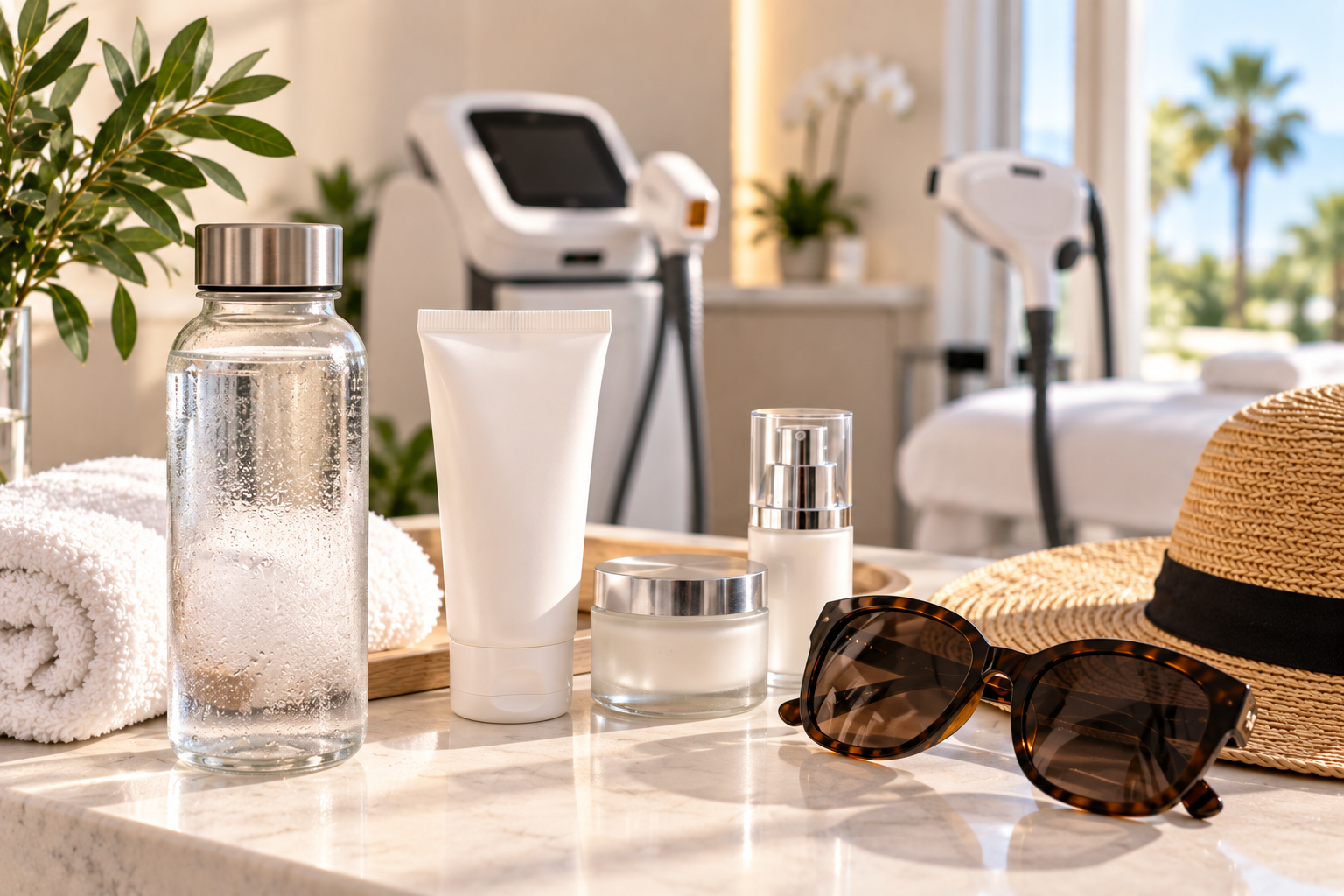 Lumecca and IPL aftercare essentials with water, gentle skincare products, sunglasses, and a sun hat in a bright medspa treatment room. Lumecca and IPL aftercare essentials with water, gentle skincare products, sunglasses, and a sun hat in a bright medspa treatment room.