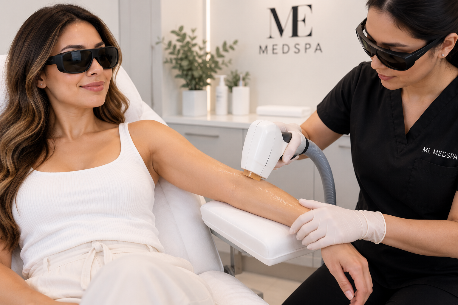 Woman receiving professional laser hair removal treatment on her arm at ME MEDSPA.