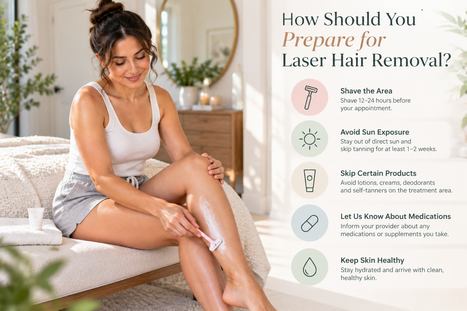 Woman preparing for laser hair removal by shaving her lower leg at home before her appointment.
