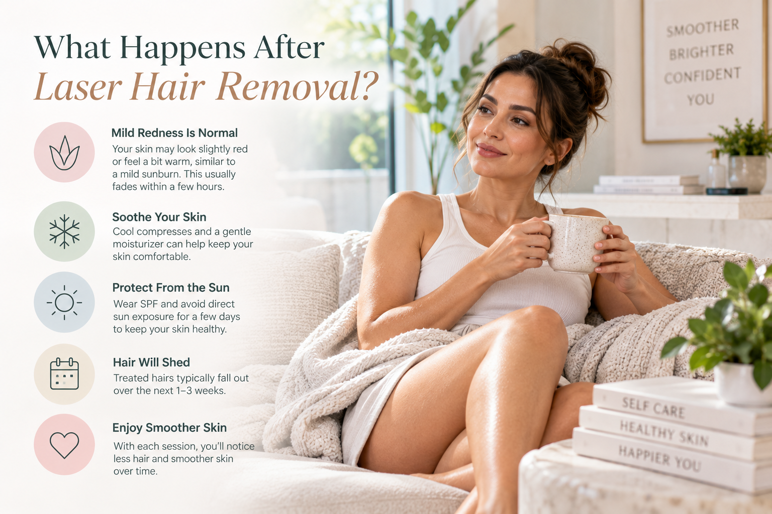 Woman relaxing at home after laser hair removal, representing gentle skin recovery, sun protection, and post-treatment care.
