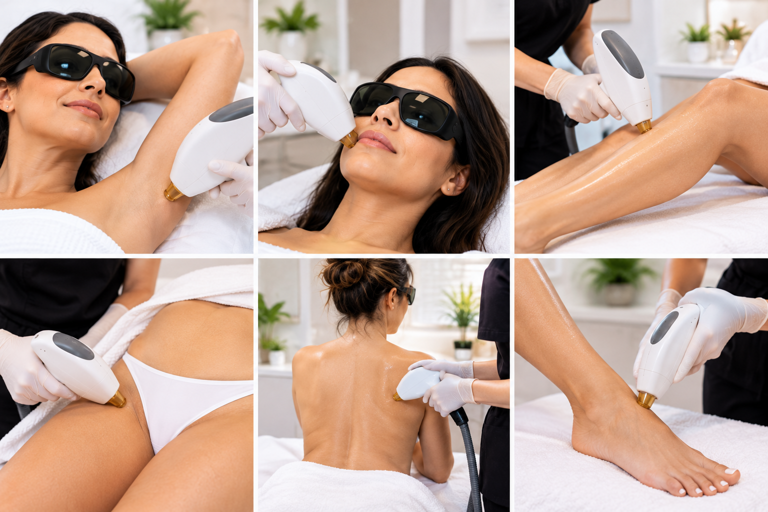 : Collage showing professional laser hair removal treatments on multiple body areas, including the underarms, face, legs, bikini line, and back, in a clean modern medspa.