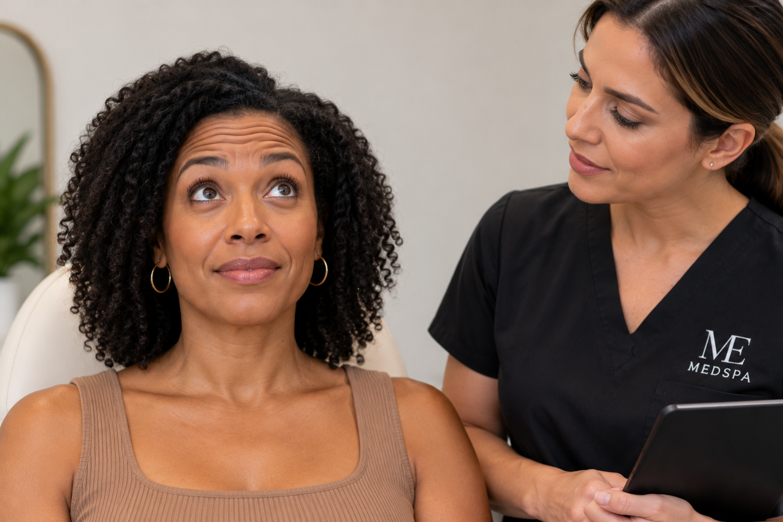 Woman raising her eyebrows during an assessment of dynamic forehead lines before wrinkle-relaxing treatment Woman raising her eyebrows during an assessment of dynamic forehead lines before wrinkle-relaxing treatment