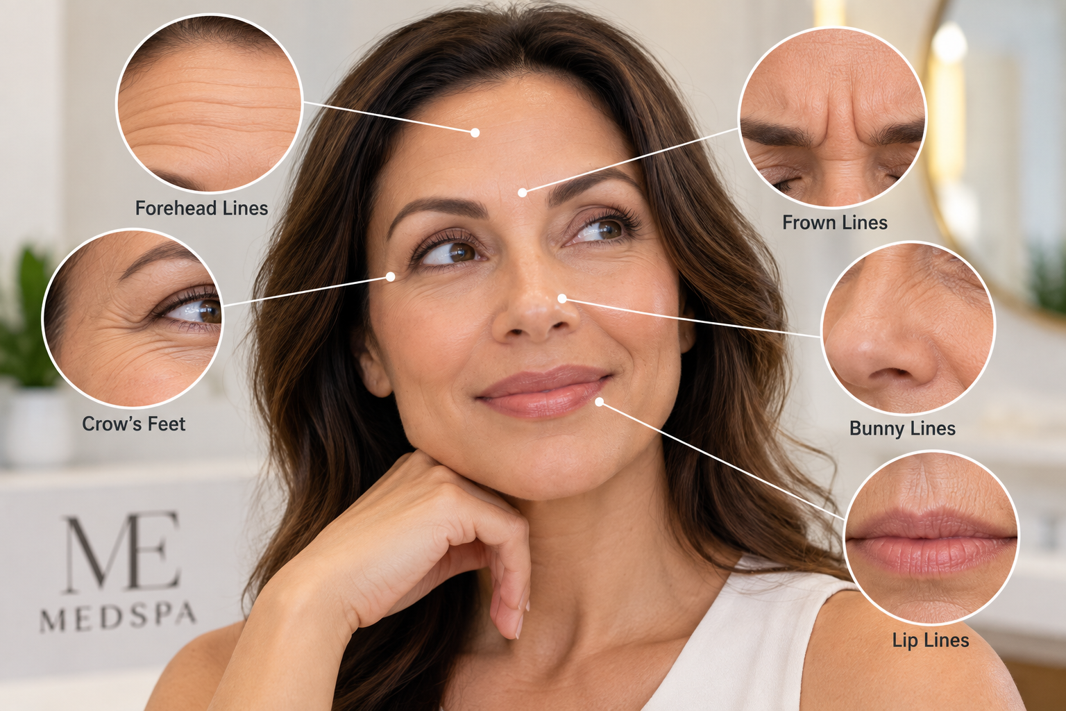 Woman with natural facial expression lines highlighting common areas evaluated for Botox and Dysport, including forehead lines, frown lines, crow’s feet, bunny lines, and lip lines. Woman with natural facial expression lines highlighting common areas evaluated for Botox and Dysport, including forehead lines, frown lines, crow’s feet, bunny lines, and lip lines.