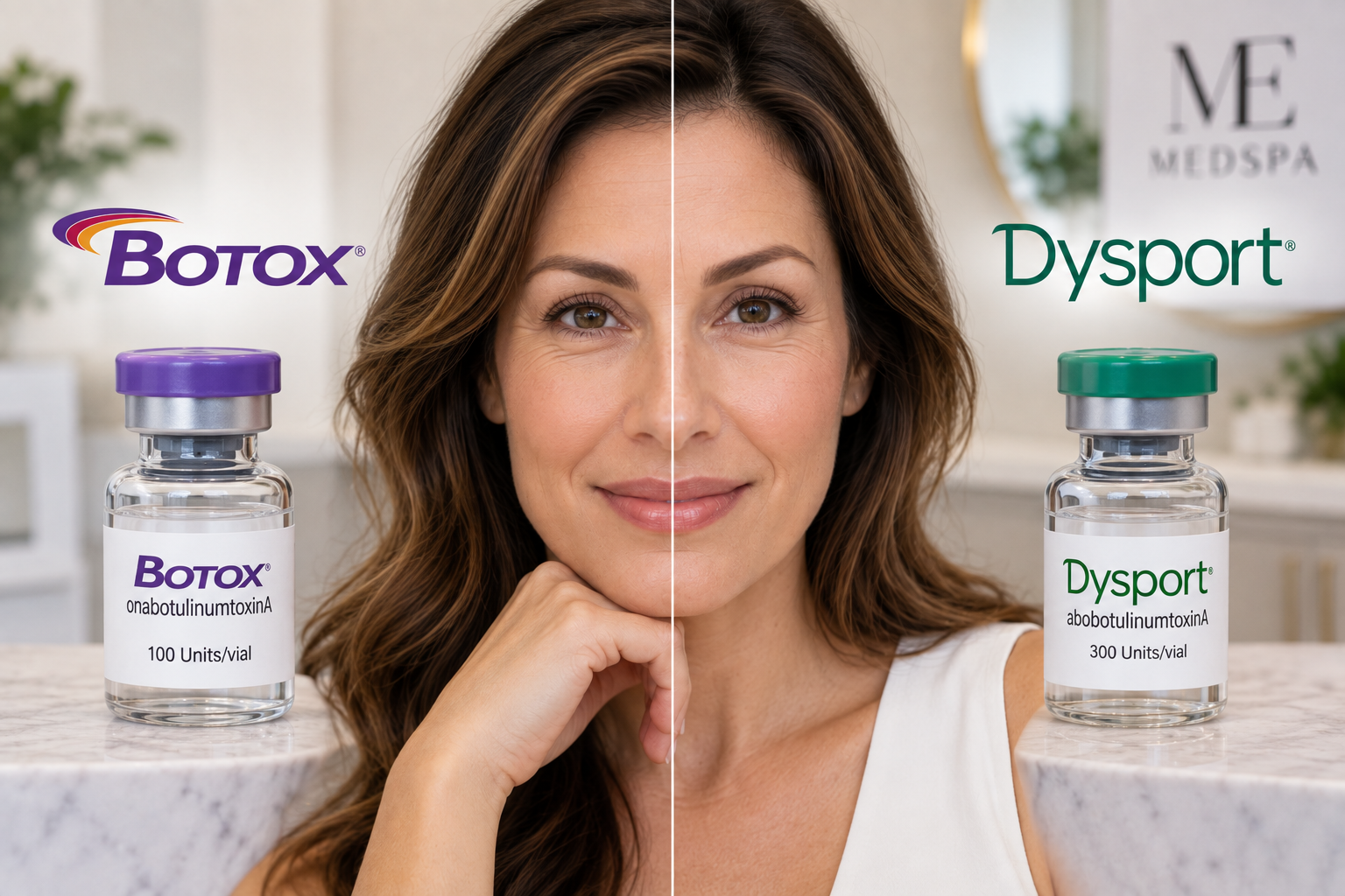 Botox versus Dysport comparison featuring a woman with natural facial expression lines alongside representative Botox and Dysport treatment vials in a modern medspa setting. Botox versus Dysport comparison featuring a woman with natural facial expression lines alongside representative Botox and Dysport treatment vials in a modern medspa setting.