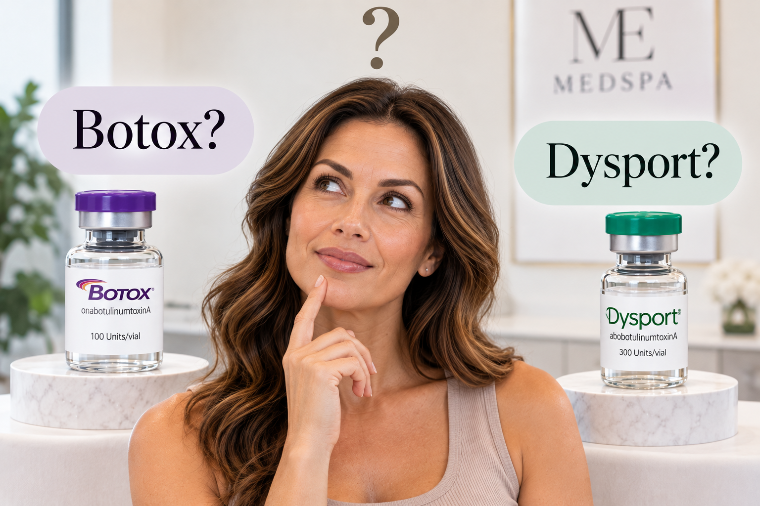 Woman considering Botox and Dysport options in a bright modern medspa, representing a personalized choice between wrinkle-relaxing injectable treatments. Woman considering Botox and Dysport options in a bright modern medspa, representing a personalized choice between wrinkle-relaxing injectable treatments.