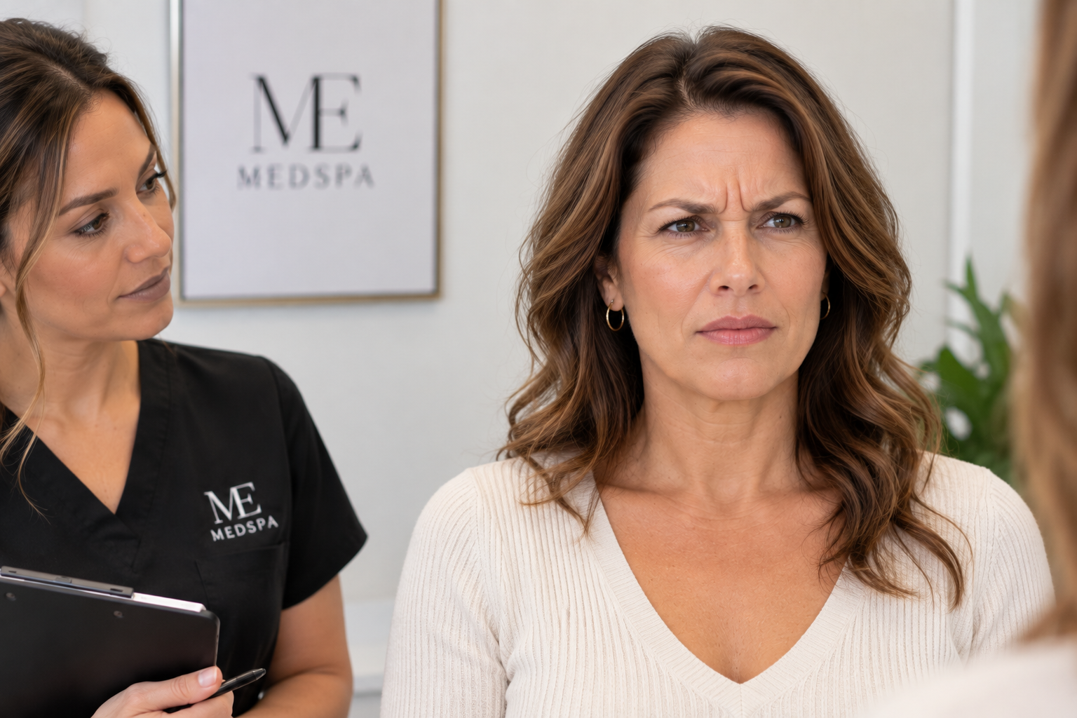 Woman having her facial muscle movement assessed before Botox or Dysport treatment Woman having her facial muscle movement assessed before Botox or Dysport treatment