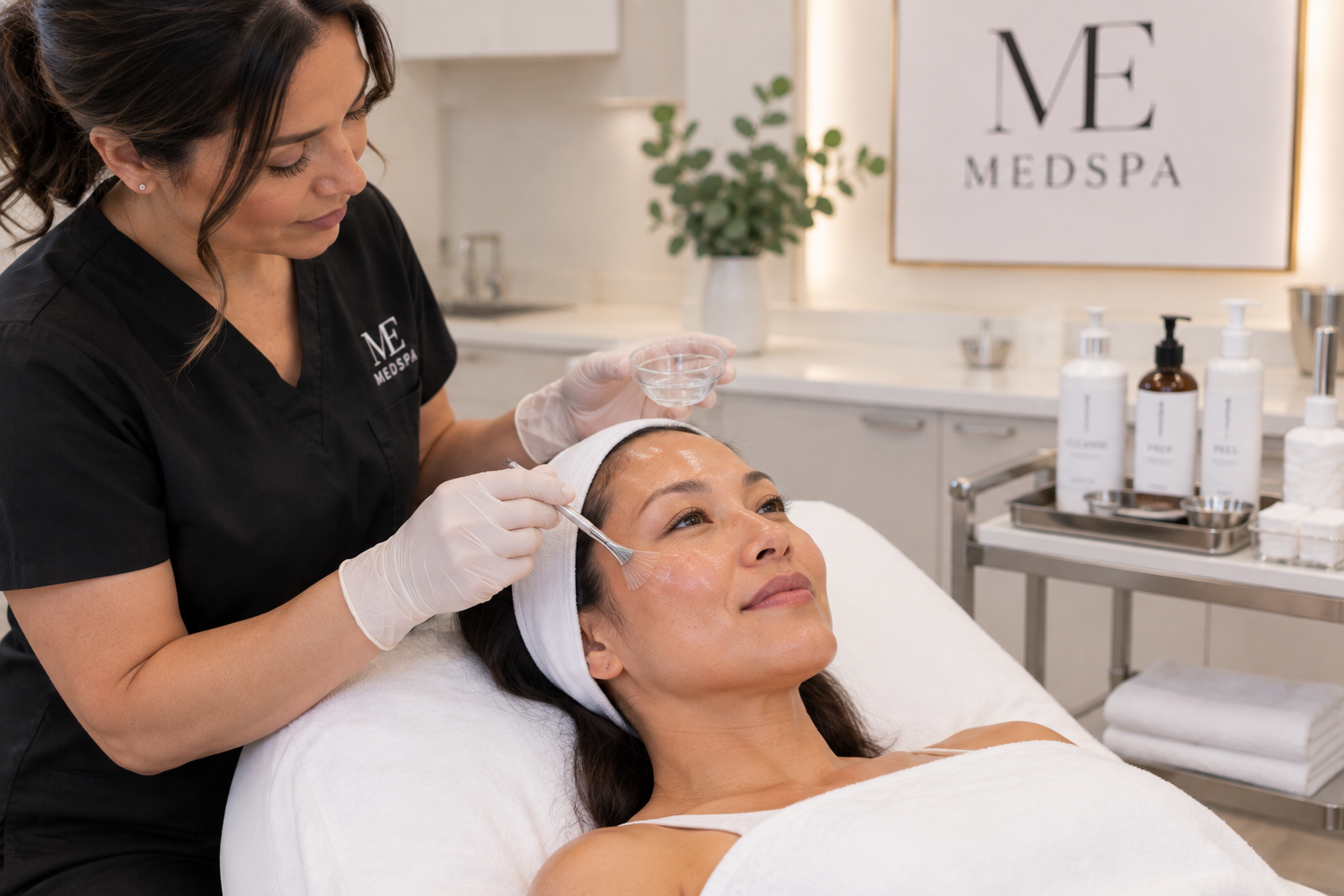 Woman receiving a professional chemical peel treatment for skin exfoliation at a medical spa Woman receiving a professional chemical peel treatment for skin exfoliation at a medical spa