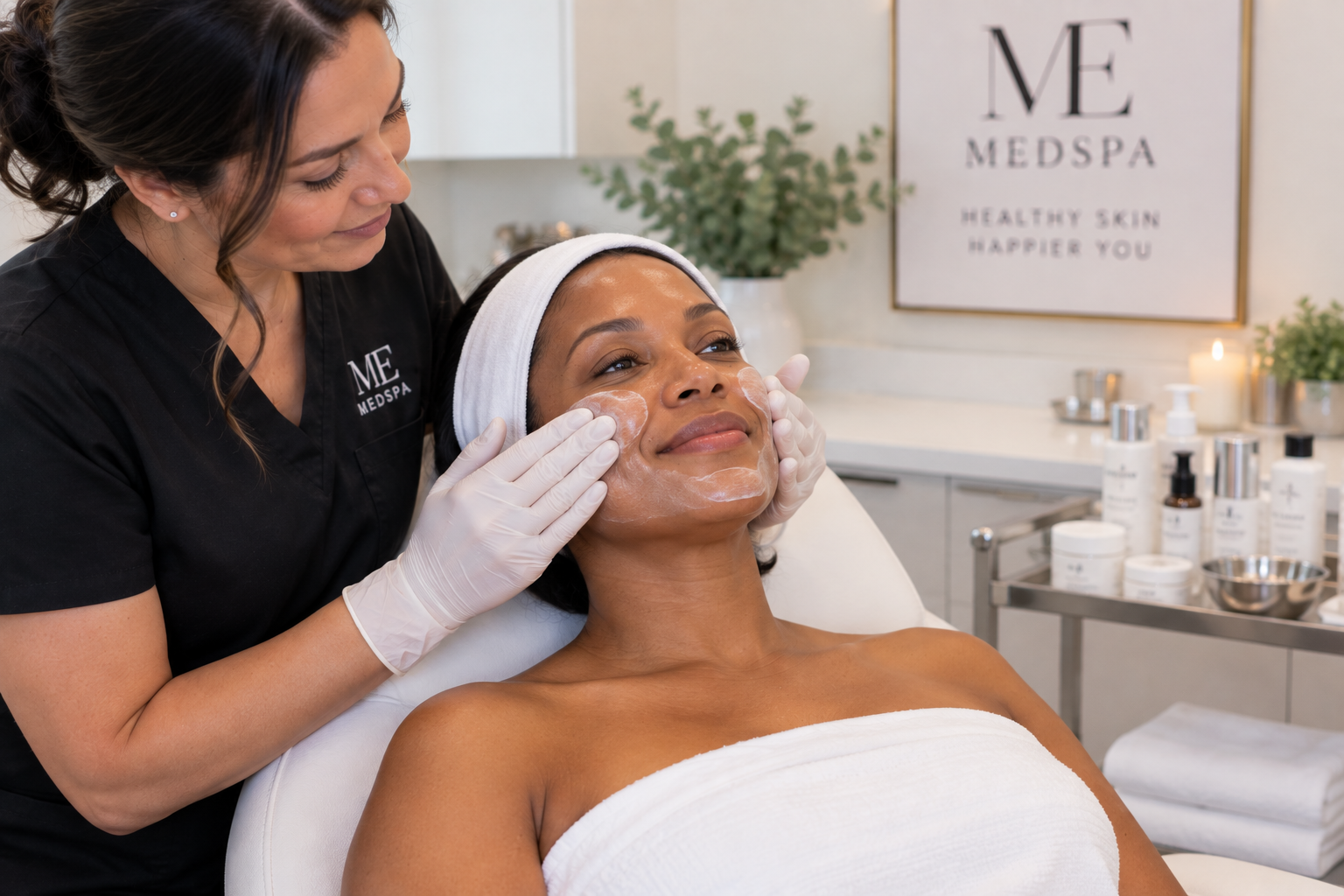 Woman receiving a professional hydrating facial treatment at a medical spa in Monterey Park Woman receiving a professional hydrating facial treatment at a medical spa in Monterey Park