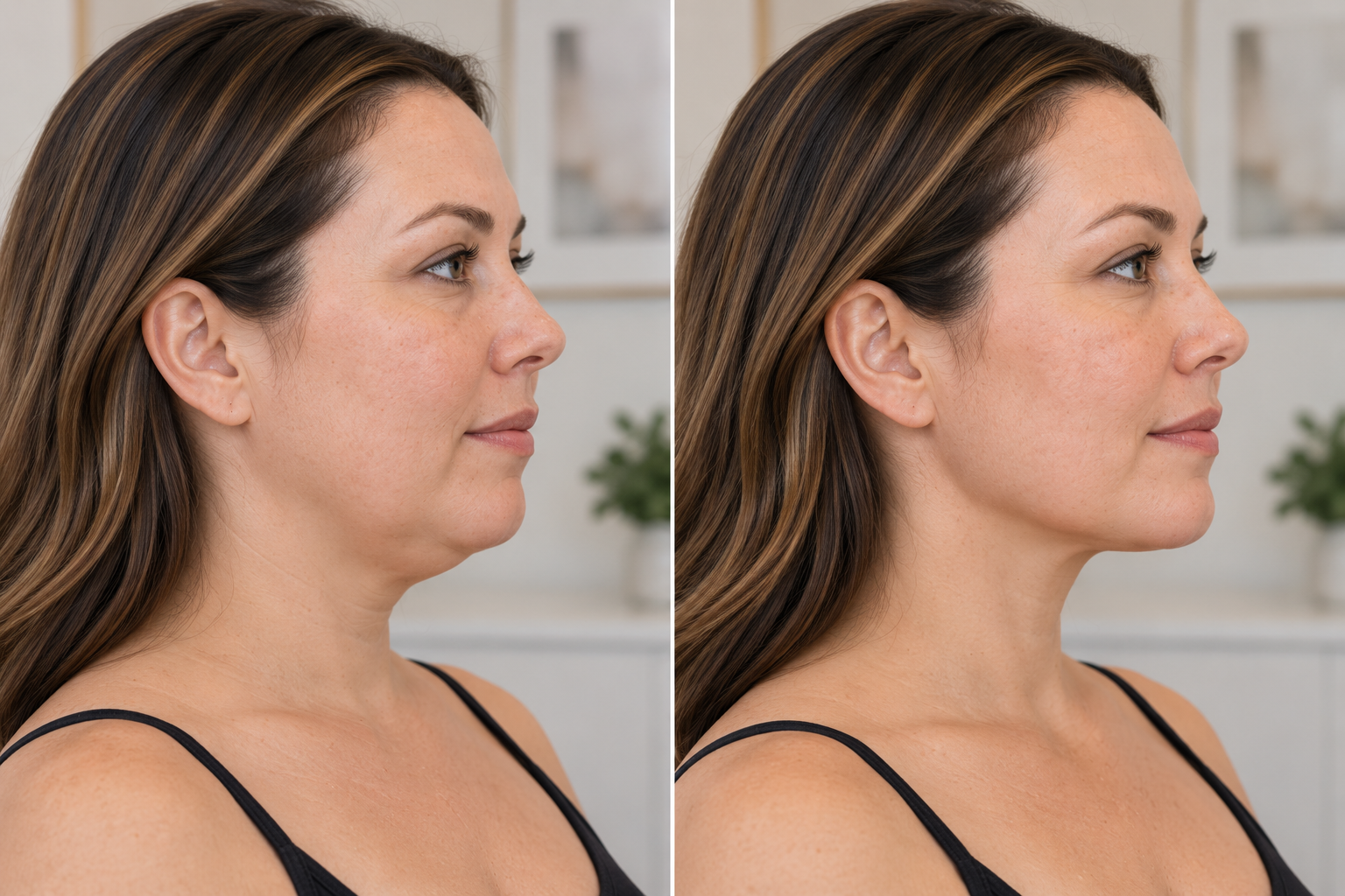 Before and after view showing reduced submental fullness beneath a woman's chin following Kybella treatment Before and after view showing reduced submental fullness beneath a woman's chin following Kybella treatment