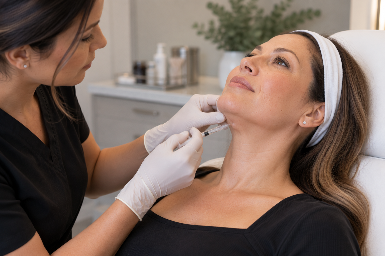 Woman receiving professional Kybella injections for submental fat beneath the chin Woman receiving professional Kybella injections for submental fat beneath the chin