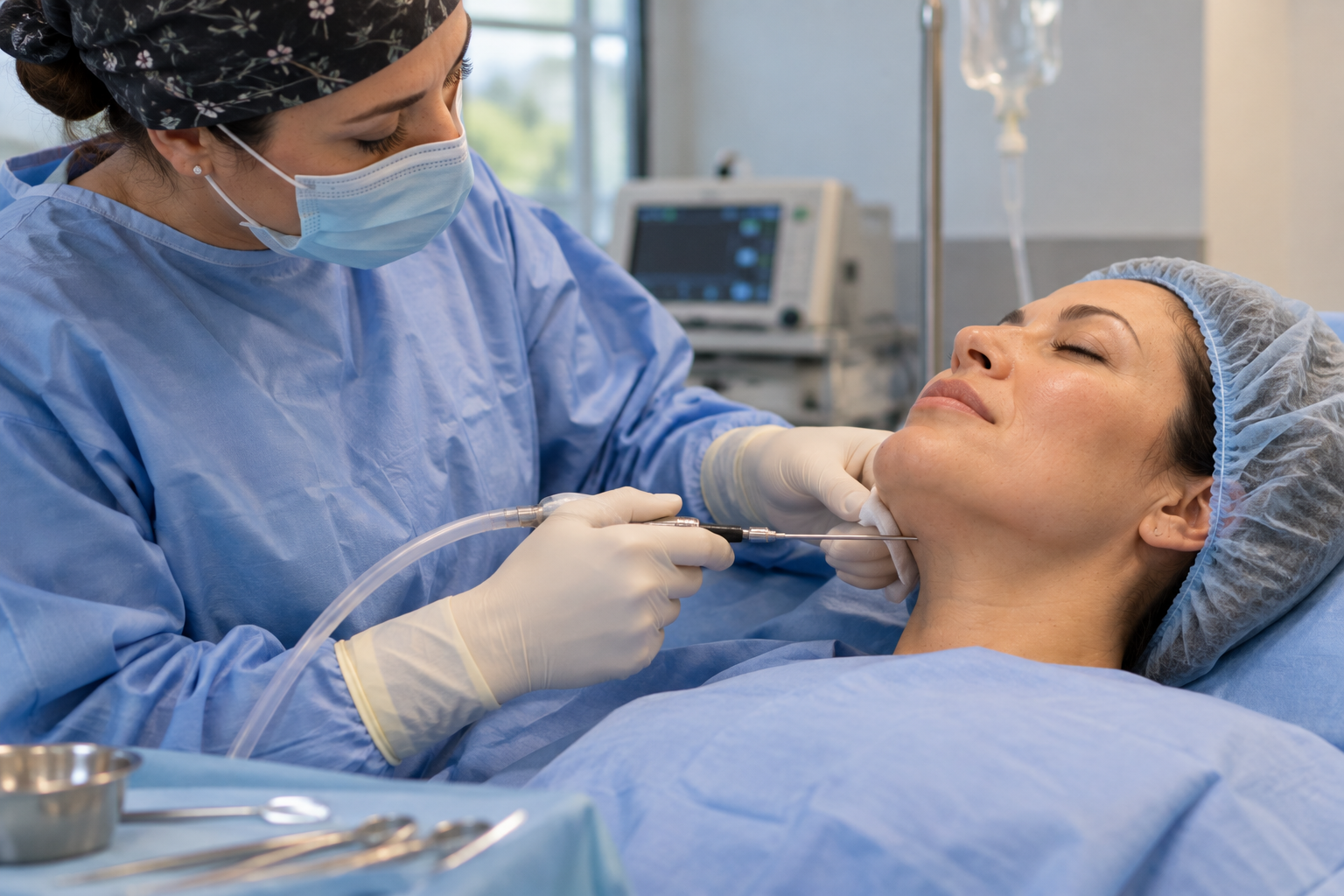 Woman undergoing a professional chin liposuction procedure to remove submental fat Woman undergoing a professional chin liposuction procedure to remove submental fat