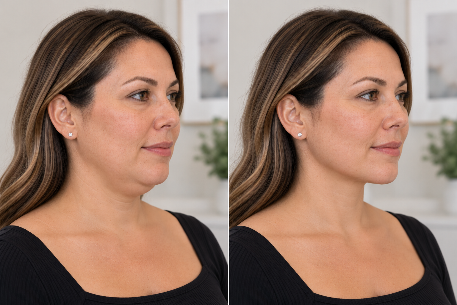 Before and after profile showing a natural reduction in submental fullness following Kybella treatment Before and after profile showing a natural reduction in submental fullness following Kybella treatment
