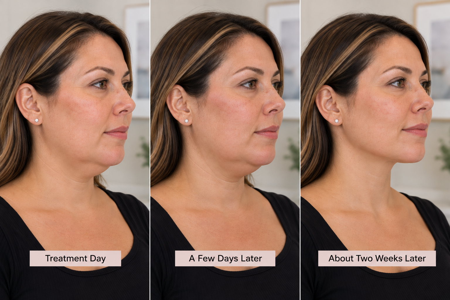 : Woman showing temporary swelling beneath the chin during recovery after Kybella treatment : Woman showing temporary swelling beneath the chin during recovery after Kybella treatment