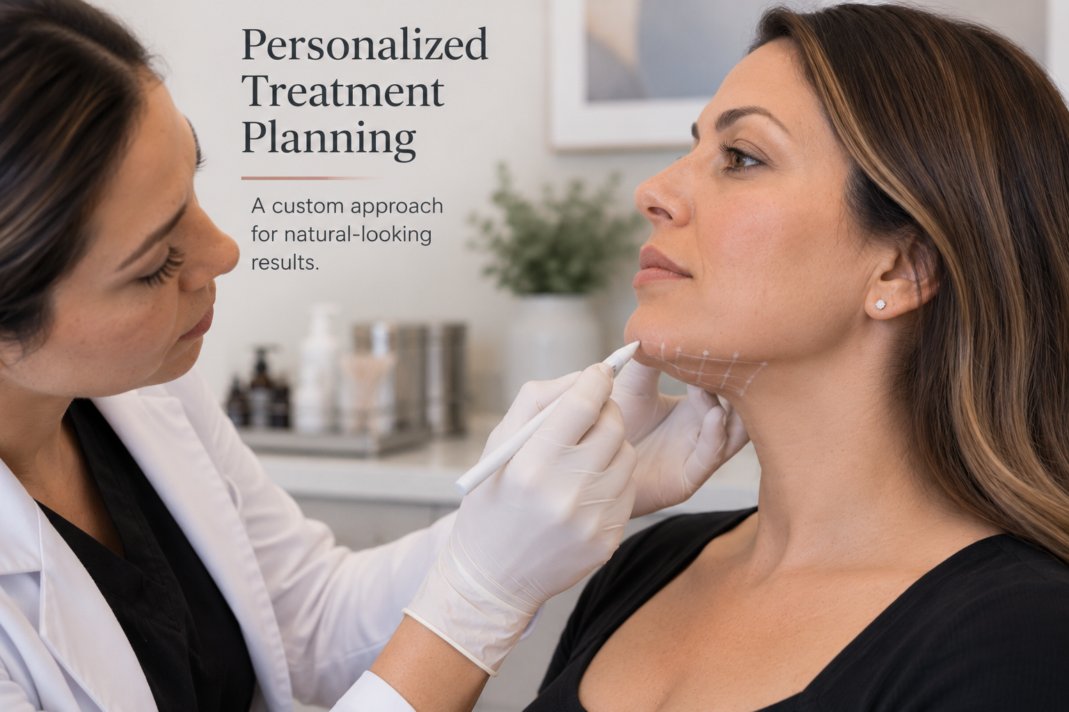 Provider preparing a personalized Kybella treatment plan for a woman's submental area Provider preparing a personalized Kybella treatment plan for a woman's submental area