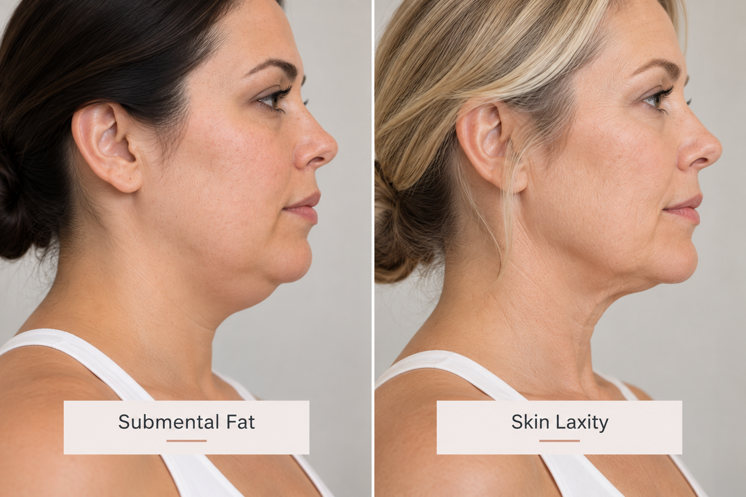 Comparison showing submental fat and loose skin as different causes of fullness beneath the chin Comparison showing submental fat and loose skin as different causes of fullness beneath the chin