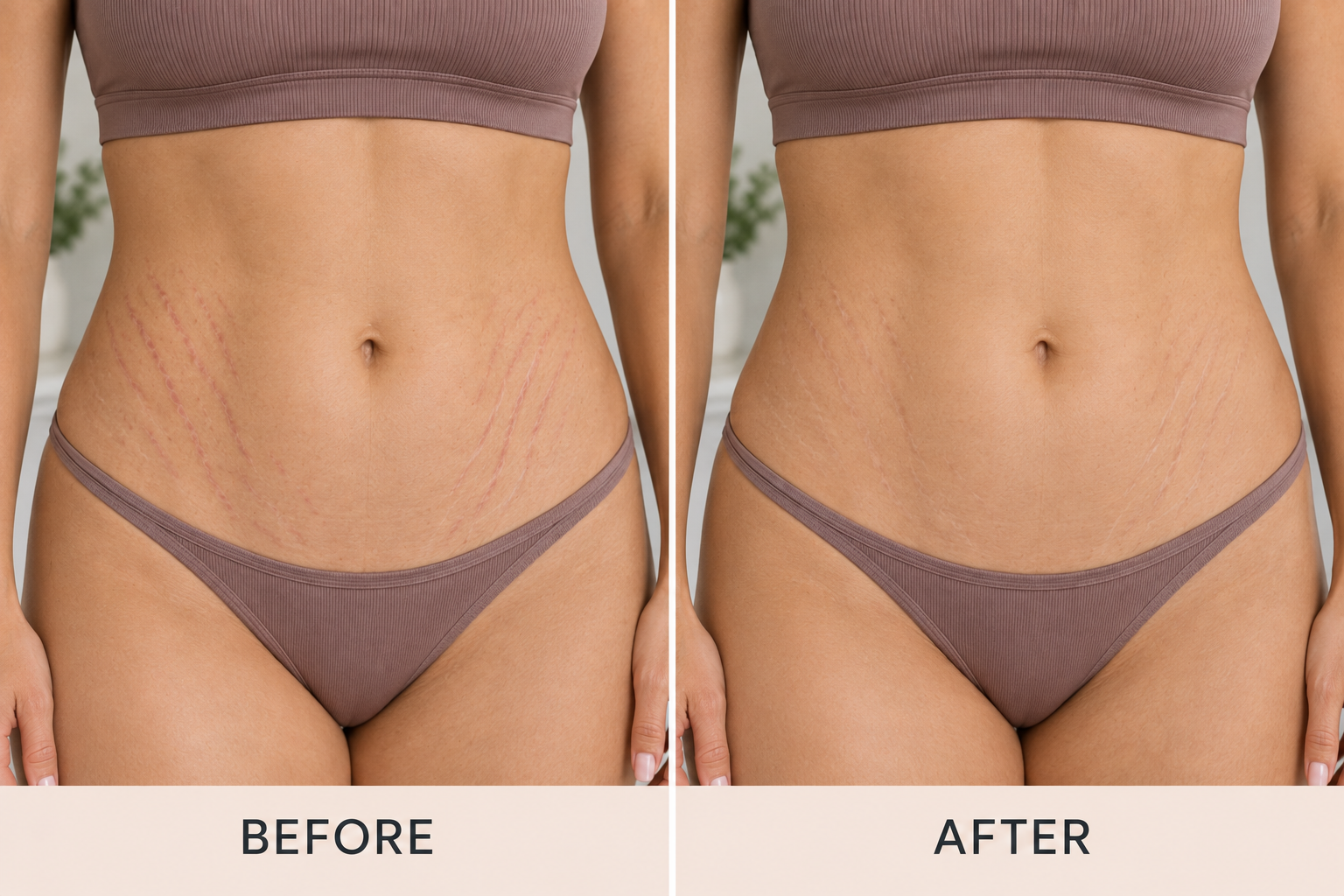  Before and after comparison showing improvement in the appearance of abdominal stretch marks