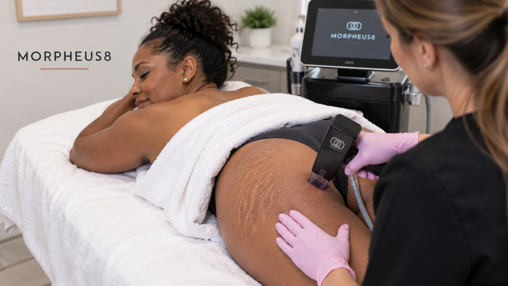 : Woman receiving Morpheus8 RF microneedling treatment for stretch marks on the hip and thigh