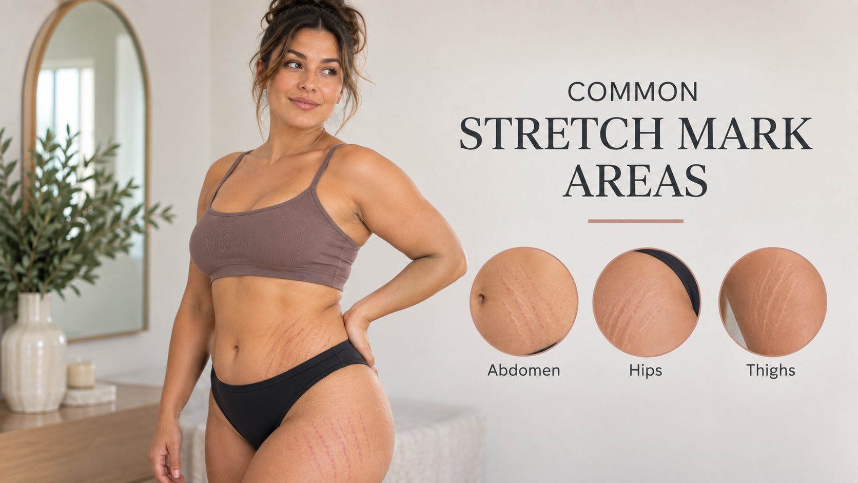 Woman showing common areas for stretch marks including the abdomen, hips, and thighs