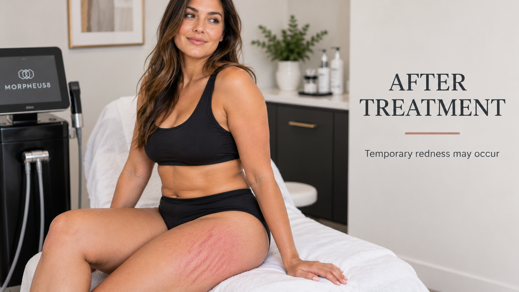 Woman showing mild temporary redness on the thigh after professional stretch mark treatment