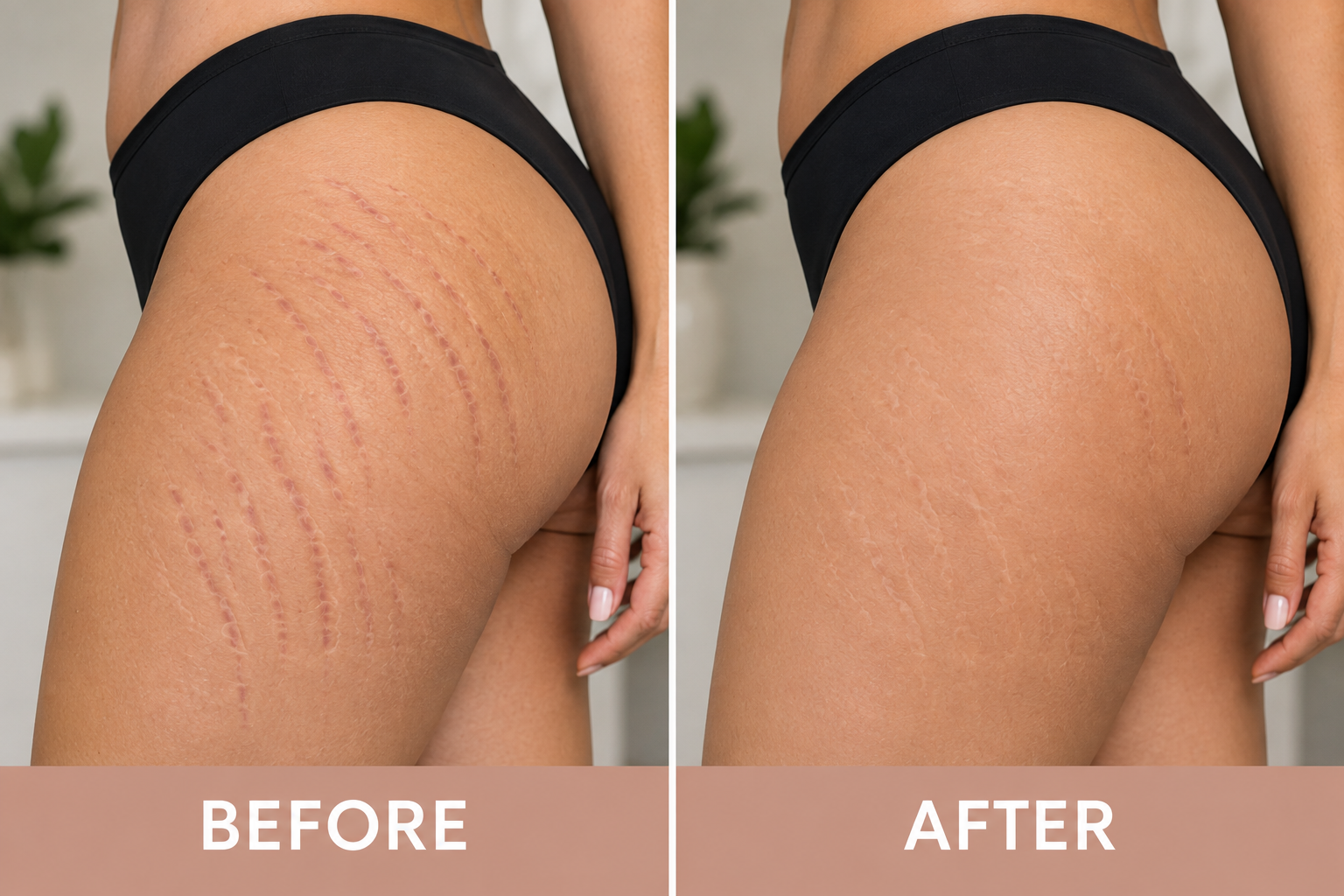 Before and after comparison showing a realistic improvement in stretch marks on the hip and thigh