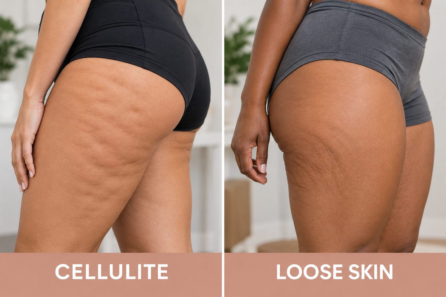 Comparison of cellulite dimpling and loose skin on women's thighs Comparison of cellulite dimpling and loose skin on women's thighs