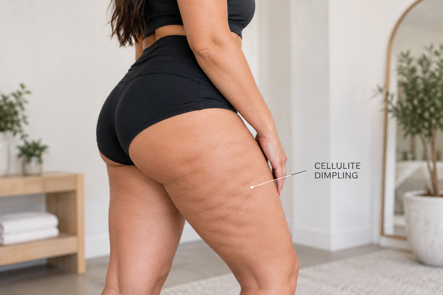 Woman with visible cellulite dimpling on the outer and back of the thigh Woman with visible cellulite dimpling on the outer and back of the thigh